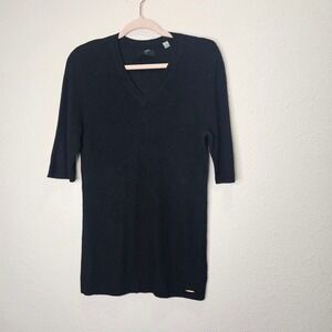 T Tahari Women Black V Neck Thin Knit Sweater Size Large Minimalist Ribbed